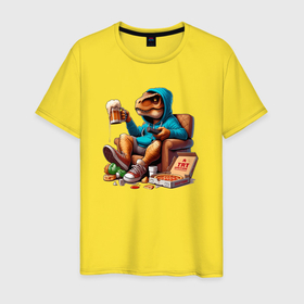 Мужская футболка хлопок с принтом Чувак динозавр оттягивается в кресле с пивасиком и пиццей в Санкт-Петербурге, 100% хлопок | прямой крой, круглый вырез горловины, длина до линии бедер, слегка спущенное плечо. | 