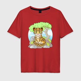 Мужская футболка хлопок Oversize с принтом Забавный леопард в Екатеринбурге, 100% хлопок | свободный крой, круглый ворот, “спинка” длиннее передней части | 