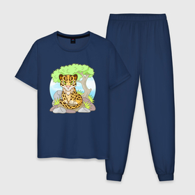 Мужская пижама хлопок с принтом Забавный леопард в Санкт-Петербурге, 100% хлопок | брюки и футболка прямого кроя, без карманов, на брюках мягкая резинка на поясе и по низу штанин
 | 