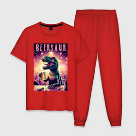 Мужская пижама хлопок с принтом Beersaur   fantasy ai art в Белгороде, 100% хлопок | брюки и футболка прямого кроя, без карманов, на брюках мягкая резинка на поясе и по низу штанин
 | 