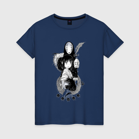 Женская футболка хлопок с принтом Унесённые призраками Хаку Тихиро в Курске, 100% хлопок | прямой крой, круглый вырез горловины, длина до линии бедер, слегка спущенное плечо | 
