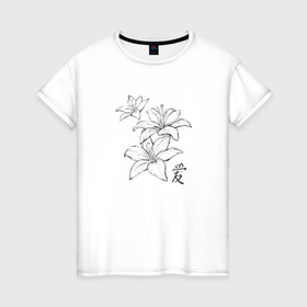 Женская футболка хлопок с принтом Цветы графика иероглиф любовь в Кировске, 100% хлопок | прямой крой, круглый вырез горловины, длина до линии бедер, слегка спущенное плечо | 