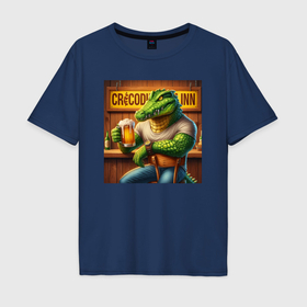 Мужская футболка хлопок Oversize с принтом Крутой крокодил в пивном баре в Белгороде, 100% хлопок | свободный крой, круглый ворот, “спинка” длиннее передней части | Тематика изображения на принте: 