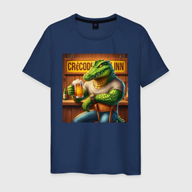 Мужская футболка хлопок с принтом Крутой крокодил в пивном баре в Кировске, 100% хлопок | прямой крой, круглый вырез горловины, длина до линии бедер, слегка спущенное плечо. | 