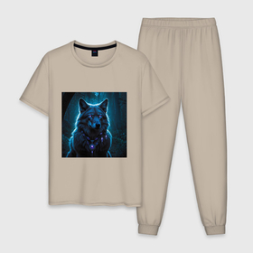 Мужская пижама хлопок с принтом волк с медальоном в Курске, 100% хлопок | брюки и футболка прямого кроя, без карманов, на брюках мягкая резинка на поясе и по низу штанин
 | 
