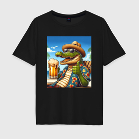 Мужская футболка хлопок Oversize с принтом Чувак крокодил с пивом на пляже в Екатеринбурге, 100% хлопок | свободный крой, круглый ворот, “спинка” длиннее передней части | 