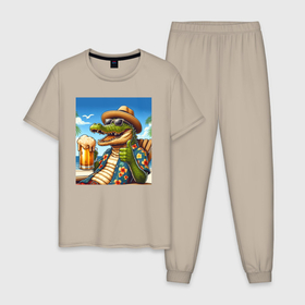 Мужская пижама хлопок с принтом Чувак крокодил с пивом на пляже в Екатеринбурге, 100% хлопок | брюки и футболка прямого кроя, без карманов, на брюках мягкая резинка на поясе и по низу штанин
 | 