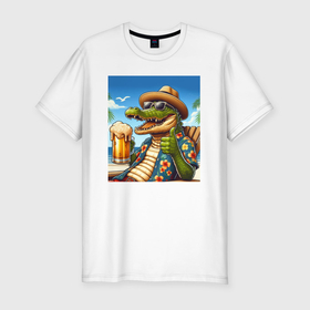 Мужская футболка хлопок Slim с принтом Чувак крокодил с пивом на пляже в Екатеринбурге, 92% хлопок, 8% лайкра | приталенный силуэт, круглый вырез ворота, длина до линии бедра, короткий рукав | 