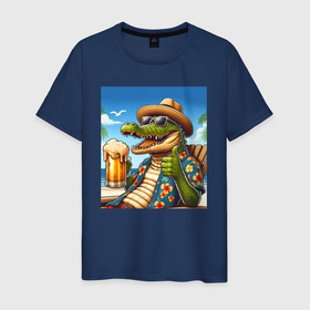 Мужская футболка хлопок с принтом Чувак крокодил с пивом на пляже в Екатеринбурге, 100% хлопок | прямой крой, круглый вырез горловины, длина до линии бедер, слегка спущенное плечо. | 