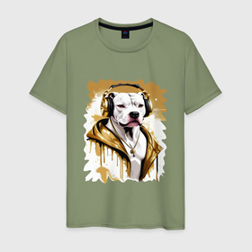 Мужская футболка хлопок с принтом Белая собака репер в наушниках с золотой цепью , 100% хлопок | прямой крой, круглый вырез горловины, длина до линии бедер, слегка спущенное плечо. | 