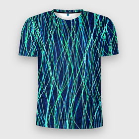 Мужская футболка 3D Slim с принтом Тёмно синий абстрактный неоновые линии в Кировске, 100% полиэстер с улучшенными характеристиками | приталенный силуэт, круглая горловина, широкие плечи, сужается к линии бедра | 