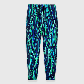 Мужские брюки 3D с принтом Тёмно синий абстрактный неоновые линии в Новосибирске, 100% полиэстер | манжеты по низу, эластичный пояс регулируется шнурком, по бокам два кармана без застежек, внутренняя часть кармана из мелкой сетки | 