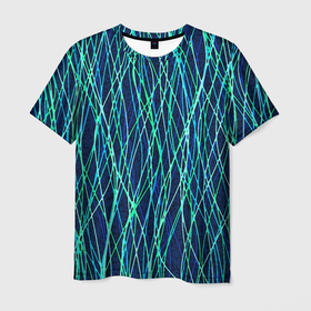 Мужская футболка 3D с принтом Тёмно синий абстрактный неоновые линии в Санкт-Петербурге, 100% полиэфир | прямой крой, круглый вырез горловины, длина до линии бедер | 
