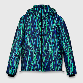 Мужская зимняя куртка 3D с принтом Тёмно синий абстрактный неоновые линии в Екатеринбурге, верх — 100% полиэстер; подкладка — 100% полиэстер; утеплитель — 100% полиэстер | длина ниже бедра, свободный силуэт Оверсайз. Есть воротник-стойка, отстегивающийся капюшон и ветрозащитная планка. 

Боковые карманы с листочкой на кнопках и внутренний карман на молнии. | Тематика изображения на принте: 