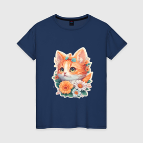 Женская футболка хлопок с принтом Милый рыжий котенок в цветах стикер в Кировске, 100% хлопок | прямой крой, круглый вырез горловины, длина до линии бедер, слегка спущенное плечо | 
