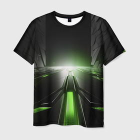 Мужская футболка 3D с принтом Зеленая неоновая абстракция на черном в Курске, 100% полиэфир | прямой крой, круглый вырез горловины, длина до линии бедер | 