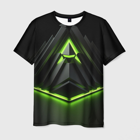 Мужская футболка 3D с принтом Green black nvidia style , 100% полиэфир | прямой крой, круглый вырез горловины, длина до линии бедер | 