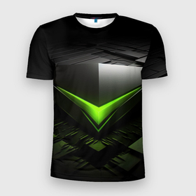 Мужская футболка 3D Slim с принтом Зеленая яркая плашка на черном абстракция в Екатеринбурге, 100% полиэстер с улучшенными характеристиками | приталенный силуэт, круглая горловина, широкие плечи, сужается к линии бедра | 