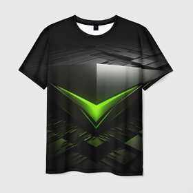 Мужская футболка 3D с принтом Зеленая яркая плашка на черном абстракция в Екатеринбурге, 100% полиэфир | прямой крой, круглый вырез горловины, длина до линии бедер | 