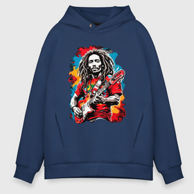 Мужское худи Oversize хлопок с принтом Bob Marley  Ямайский музыкант в Санкт-Петербурге, френч-терри — 70% хлопок, 30% полиэстер. Мягкий теплый начес внутри —100% хлопок | боковые карманы, эластичные манжеты и нижняя кромка, капюшон на магнитной кнопке | Тематика изображения на принте: 
