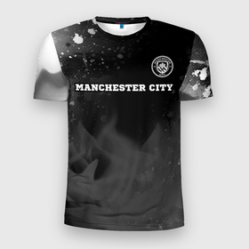 Мужская футболка 3D Slim с принтом Manchester City sport на темном фоне посередине в Тюмени, 100% полиэстер с улучшенными характеристиками | приталенный силуэт, круглая горловина, широкие плечи, сужается к линии бедра | Тематика изображения на принте: 