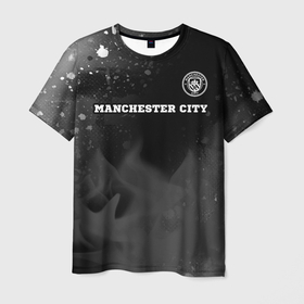 Мужская футболка 3D с принтом Manchester City sport на темном фоне посередине , 100% полиэфир | прямой крой, круглый вырез горловины, длина до линии бедер | 