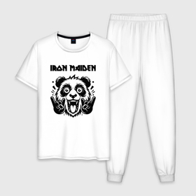 Мужская пижама хлопок с принтом Iron Maiden   rock panda в Тюмени, 100% хлопок | брюки и футболка прямого кроя, без карманов, на брюках мягкая резинка на поясе и по низу штанин
 | Тематика изображения на принте: 