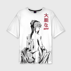 Женская футболка oversize 3D с принтом Девушка вполоборота в стиле манга с японскими иероглифами в Санкт-Петербурге,  |  | 