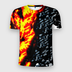 Мужская футболка 3D Slim с принтом Текстура огня и воды в Екатеринбурге, 100% полиэстер с улучшенными характеристиками | приталенный силуэт, круглая горловина, широкие плечи, сужается к линии бедра | 