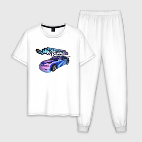 Мужская пижама хлопок с принтом NFS Most Wanted neon bmw в Курске, 100% хлопок | брюки и футболка прямого кроя, без карманов, на брюках мягкая резинка на поясе и по низу штанин
 | 