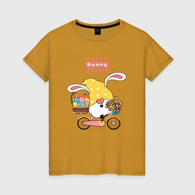 Женская футболка хлопок с принтом Пасхальный гном на велосипеде в Рязани, 100% хлопок | прямой крой, круглый вырез горловины, длина до линии бедер, слегка спущенное плечо | 