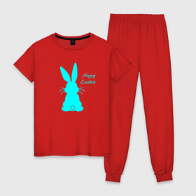 Женская пижама хлопок с принтом Пасхальный кролик бирюзовый в Екатеринбурге, 100% хлопок | брюки и футболка прямого кроя, без карманов, на брюках мягкая резинка на поясе и по низу штанин | 