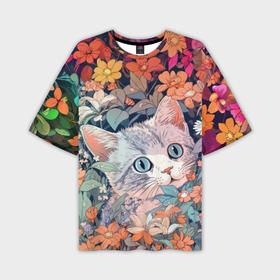 Мужская футболка oversize 3D с принтом Удивлённый котик в цветах в Новосибирске,  |  | 