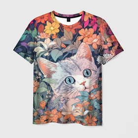 Мужская футболка 3D с принтом Удивлённый котик в цветах в Петрозаводске, 100% полиэфир | прямой крой, круглый вырез горловины, длина до линии бедер | 