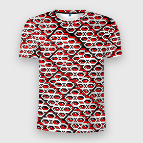 Мужская футболка 3D Slim с принтом Красно белый узор на чёрном фоне в Курске, 100% полиэстер с улучшенными характеристиками | приталенный силуэт, круглая горловина, широкие плечи, сужается к линии бедра | 