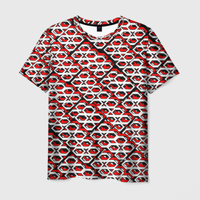 Мужская футболка 3D с принтом Красно белый узор на чёрном фоне в Курске, 100% полиэфир | прямой крой, круглый вырез горловины, длина до линии бедер | 