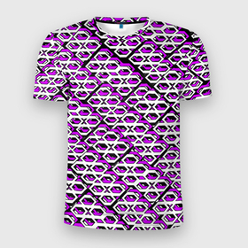 Мужская футболка 3D Slim с принтом Фиолетово белый узор на чёрном фоне в Курске, 100% полиэстер с улучшенными характеристиками | приталенный силуэт, круглая горловина, широкие плечи, сужается к линии бедра | 