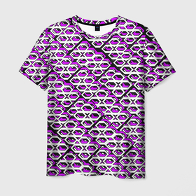 Мужская футболка 3D с принтом Фиолетово белый узор на чёрном фоне в Курске, 100% полиэфир | прямой крой, круглый вырез горловины, длина до линии бедер | 