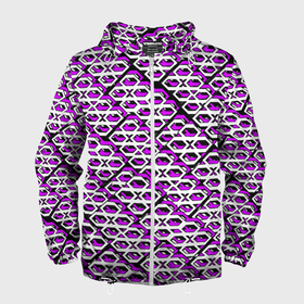 Мужская ветровка 3D с принтом Фиолетово белый узор на чёрном фоне в Тюмени, 100% полиэстер | подол и капюшон оформлены резинкой с фиксаторами, два кармана без застежек по бокам, один потайной карман на груди | Тематика изображения на принте: 