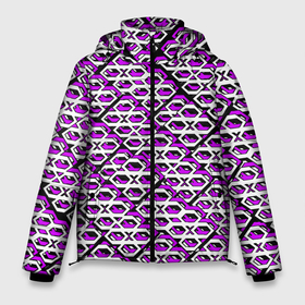 Мужская зимняя куртка 3D с принтом Фиолетово белый узор на чёрном фоне в Тюмени, верх — 100% полиэстер; подкладка — 100% полиэстер; утеплитель — 100% полиэстер | длина ниже бедра, свободный силуэт Оверсайз. Есть воротник-стойка, отстегивающийся капюшон и ветрозащитная планка. 

Боковые карманы с листочкой на кнопках и внутренний карман на молнии. | Тематика изображения на принте: 