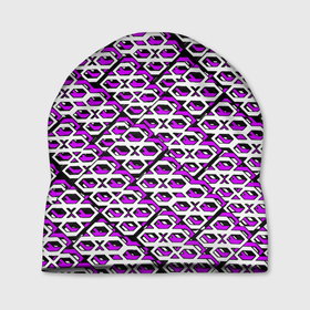 Шапка 3D с принтом Фиолетово белый узор на чёрном фоне в Тюмени, 100% полиэстер | универсальный размер, печать по всей поверхности изделия | Тематика изображения на принте: 