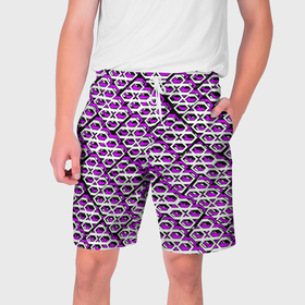Мужские шорты 3D с принтом Фиолетово белый узор на чёрном фоне в Кировске,  полиэстер 100% | прямой крой, два кармана без застежек по бокам. Мягкая трикотажная резинка на поясе, внутри которой широкие завязки. Длина чуть выше колен | 
