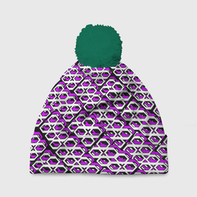 Шапка 3D c помпоном с принтом Фиолетово белый узор на чёрном фоне в Курске, 100% полиэстер | универсальный размер, печать по всей поверхности изделия | 