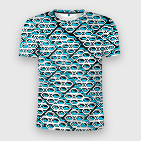 Мужская футболка 3D Slim с принтом Сине белый узор на чёрном фоне в Новосибирске, 100% полиэстер с улучшенными характеристиками | приталенный силуэт, круглая горловина, широкие плечи, сужается к линии бедра | 