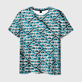 Мужская футболка 3D с принтом Сине белый узор на чёрном фоне в Курске, 100% полиэфир | прямой крой, круглый вырез горловины, длина до линии бедер | 