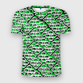 Мужская футболка 3D Slim с принтом Зелёно белый узор на чёрном фоне в Тюмени, 100% полиэстер с улучшенными характеристиками | приталенный силуэт, круглая горловина, широкие плечи, сужается к линии бедра | 