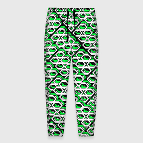 Мужские брюки 3D с принтом Зелёно белый узор на чёрном фоне в Санкт-Петербурге, 100% полиэстер | манжеты по низу, эластичный пояс регулируется шнурком, по бокам два кармана без застежек, внутренняя часть кармана из мелкой сетки | 