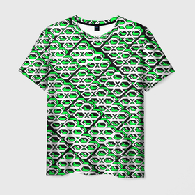 Мужская футболка 3D с принтом Зелёно белый узор на чёрном фоне в Курске, 100% полиэфир | прямой крой, круглый вырез горловины, длина до линии бедер | 