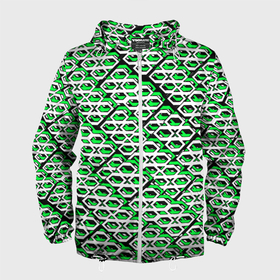 Мужская ветровка 3D с принтом Зелёно белый узор на чёрном фоне в Курске, 100% полиэстер | подол и капюшон оформлены резинкой с фиксаторами, два кармана без застежек по бокам, один потайной карман на груди | 