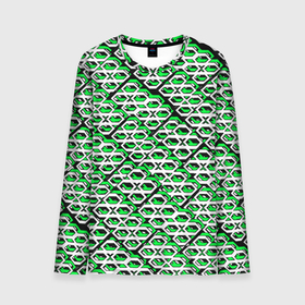 Мужской лонгслив 3D с принтом Зелёно белый узор на чёрном фоне в Курске, 100% полиэстер | длинные рукава, круглый вырез горловины, полуприлегающий силуэт | 